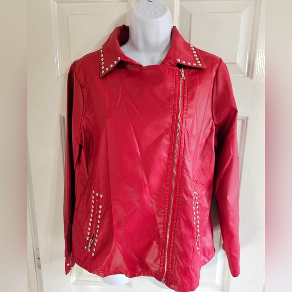 Women’s Medium Red Studded Moto Jacket Retro Lightweight Windbreaker Style Zip - Picture 1 of 7